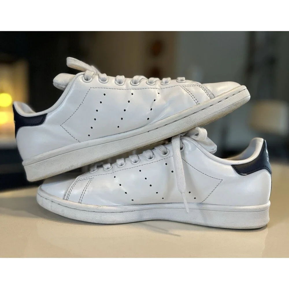 Adidas Originals Stan Smith White Navy Leather Sneakers S81020 Women 8-Men 6.5